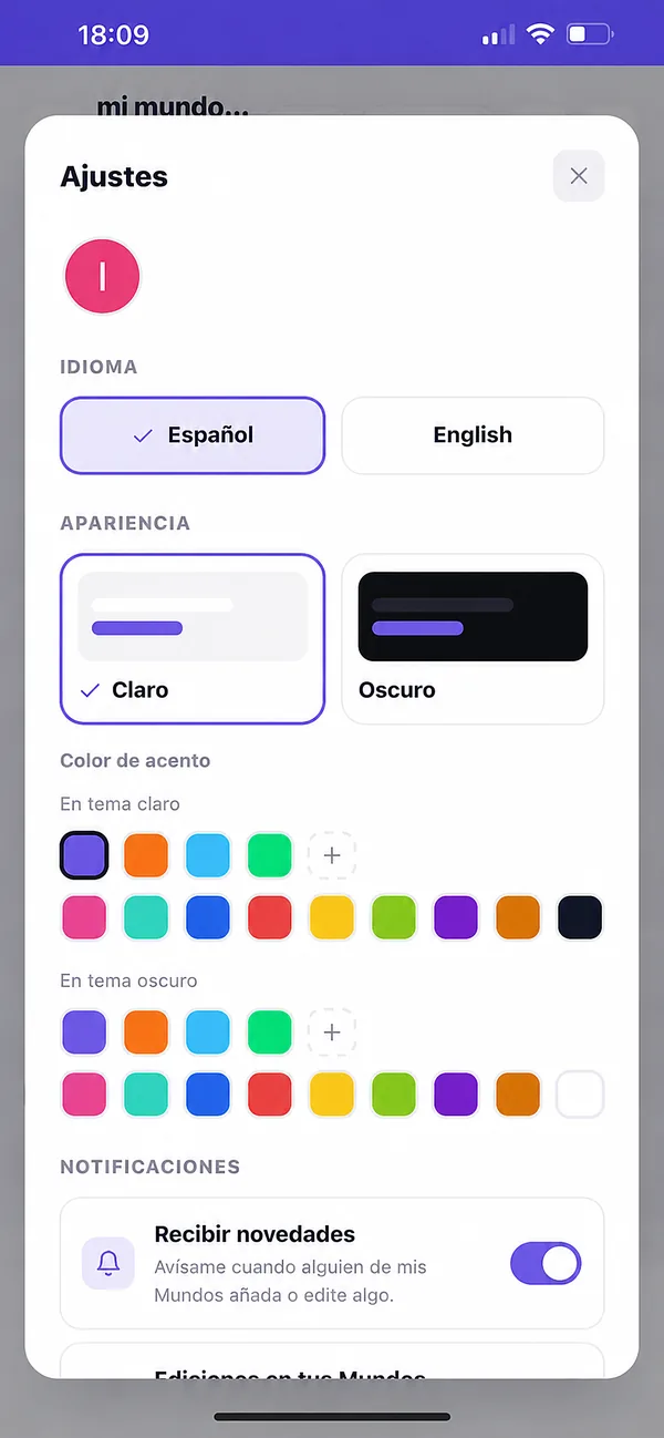Ajustes de idioma, apariencia y color de acento