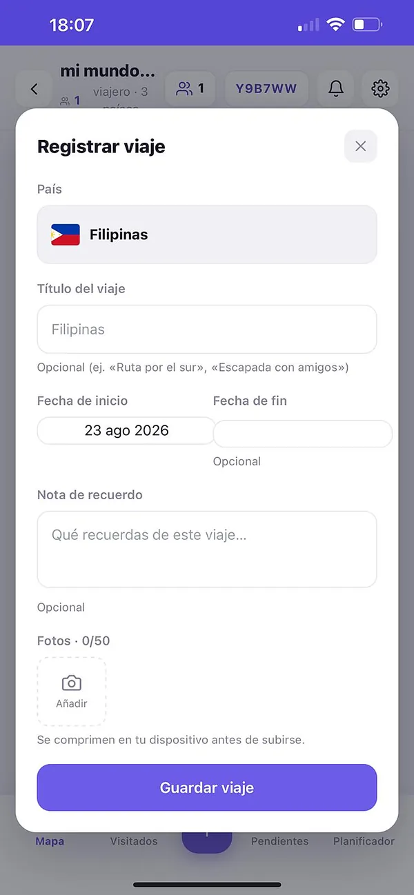 Pantalla para registrar un viaje en Worldfy
